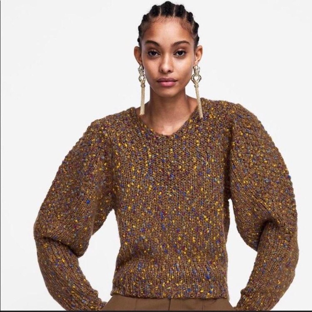 ZARA Knit Brown Speckled Puff Sleeve V-Neck Sweater Size S